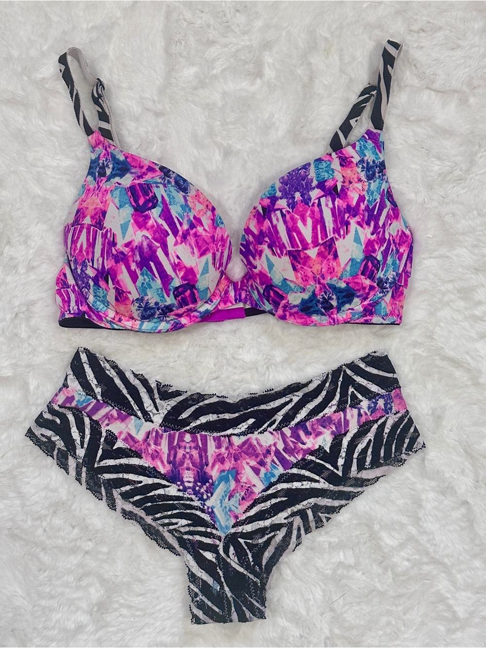 PINK Victoria's Secret Multicolor Purple & Black Printed Bra and Brief Set